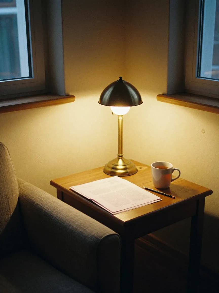 An armchair and a small oak table by a window at dusk, with a printed report, a mug of tea and a lit brass lamp